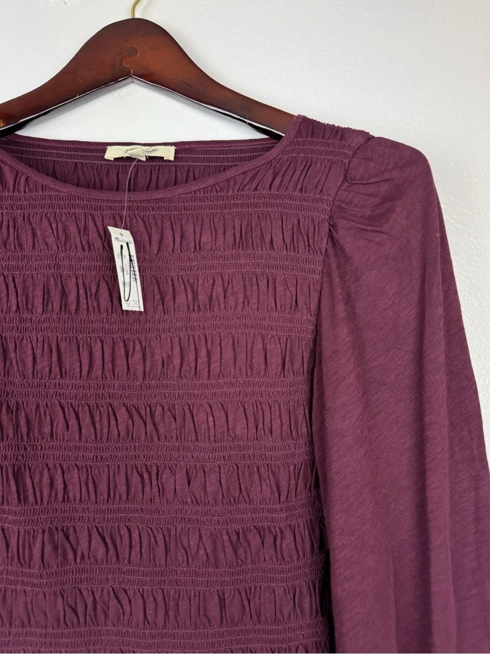 Madewell Smocked Cotton Boatneck Puff Sleeves Slim Fit Top Burgundy Size XS NWT